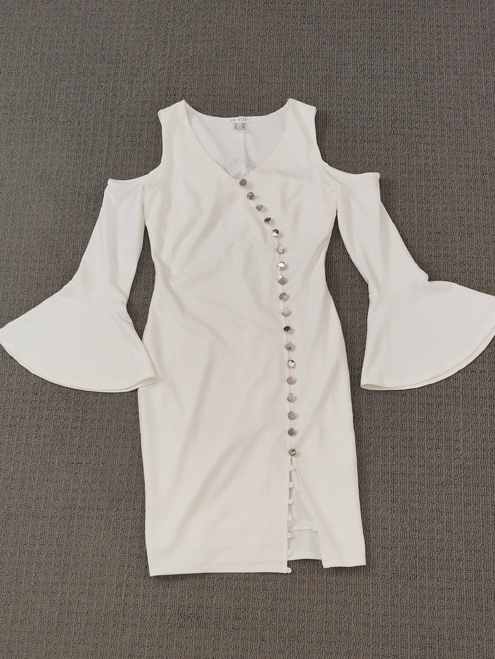 VENUS White Cold-Shoulder Midi Dress with Diagonal Buttons